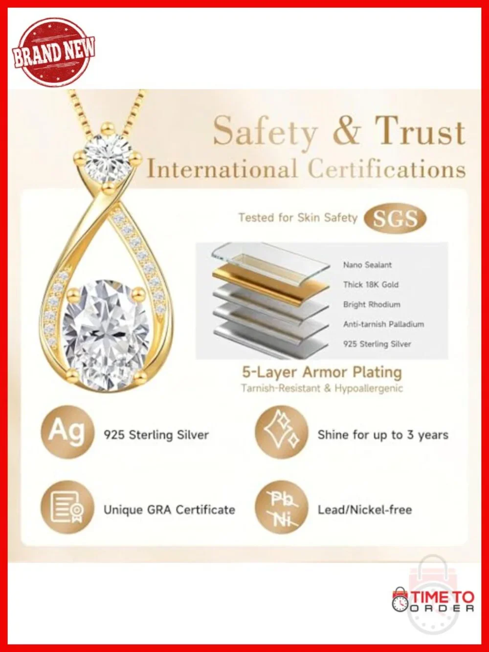 2ct Oval Moissanite Infinity Pendant Necklace 14K Gold Plated Hypoallergenic